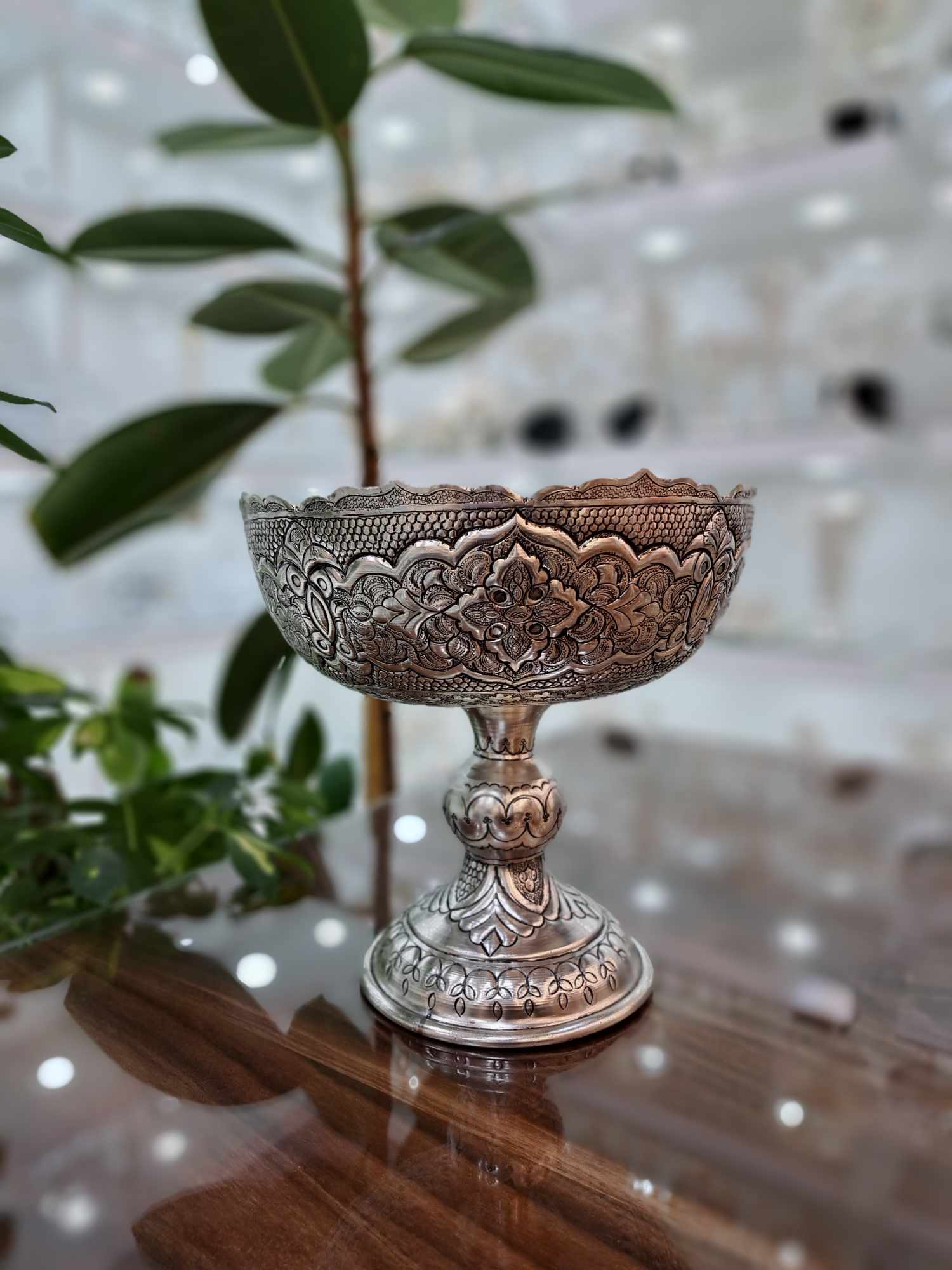 کاسه آجیل قلمزنی نقره نما با روکش نقره و قلم اسلیمی سایز 20