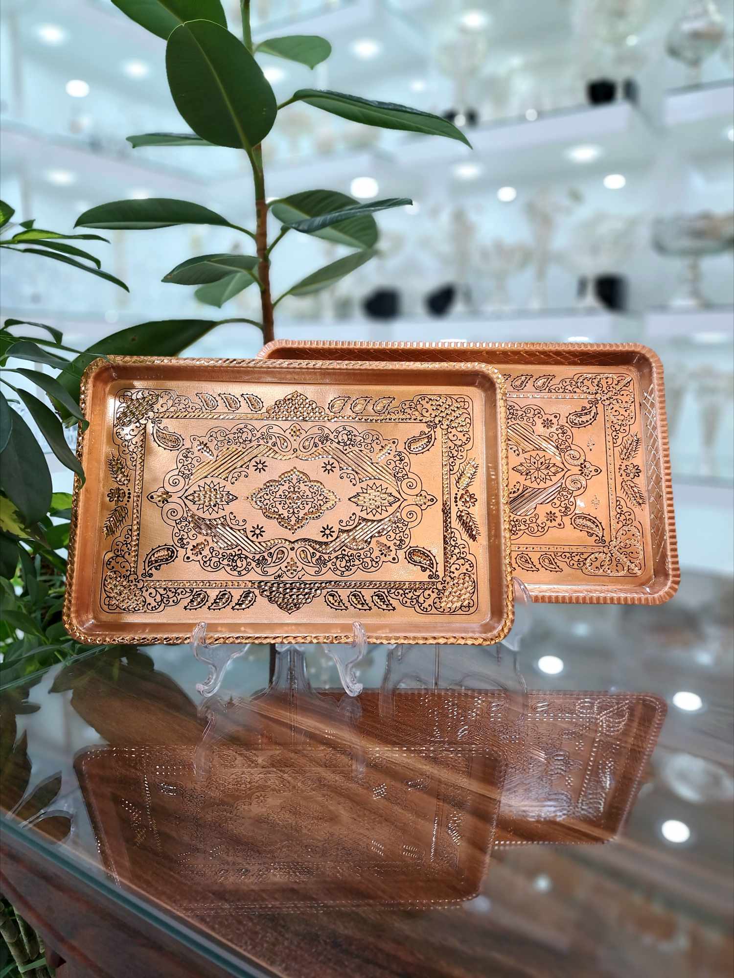 ست سینی مسی مستطیل الماس تراش نانو شده مجموعه دو عددی