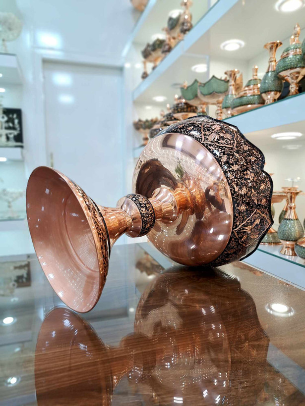 قیمت میوه خوری مسی الماس تراش با تراش گل و مرغ