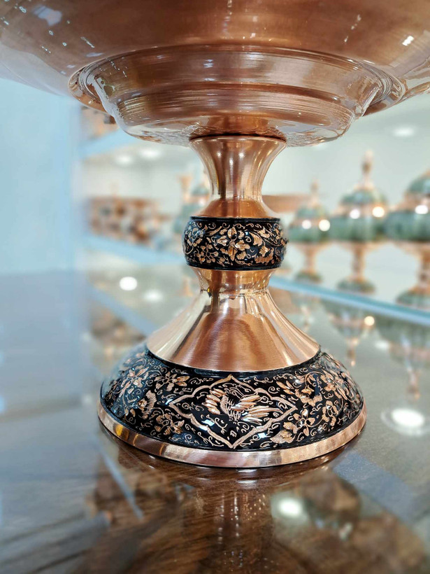 شیرینی خوری مسی الماس تراش با تراش گل و مرغ